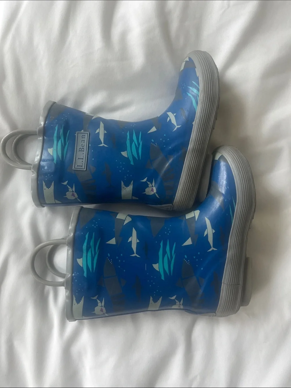 L.L. Bean Blue Kids Shark Print Rain Boots with Gray Trim